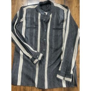 Alfred Dunhill Mens Striped Mandarin Collar Button Down Shirt Charcoal Cream